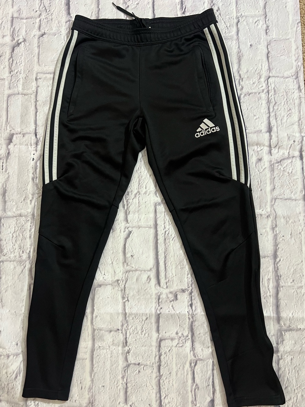 Adidas Black Tiro Tapered, Zippered Jogger Pants with White 3-Stripes